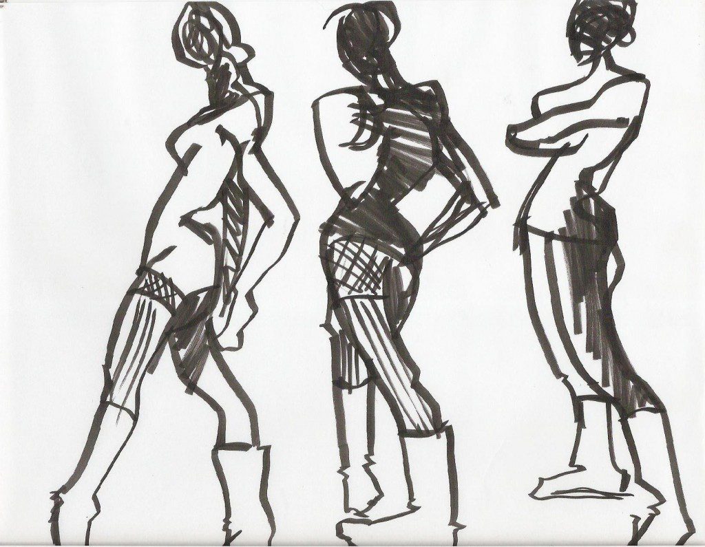 live quickies layout of fashion design sketches from live model Laura Volpintesta with brush pen