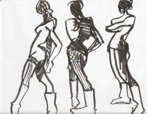 Line quality in fashion drawing Laura Volpintesta, fashion Illustration tribe, live model sketches with brush pen