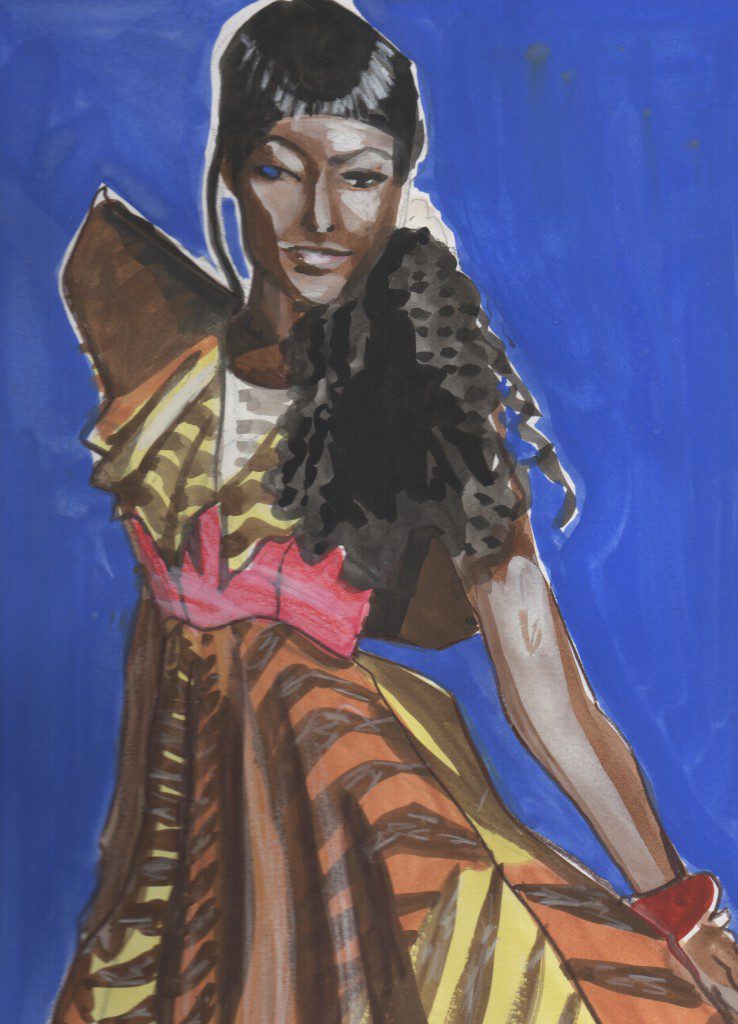 Fashion Illustration by Laura Volpintesta of a dress by Kaela Kay by Catherine Addad, presenting in AFWNY (African Fashion Week New York)