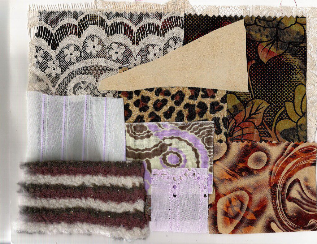 Fabric and Inspiration Creative Process for Fashion Sketching: a fashion fabric board including faux fur, lace, shirting, broderie anglaix, leopard rpint, african print, and more! Mixing fabrics and textures for a rich fashion design porfolio concept.