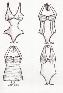 Fashion flats/ technical drawings, using fashion croquis templates Laura Volpintesta, Line Sheet for Merona swimwear line for Target