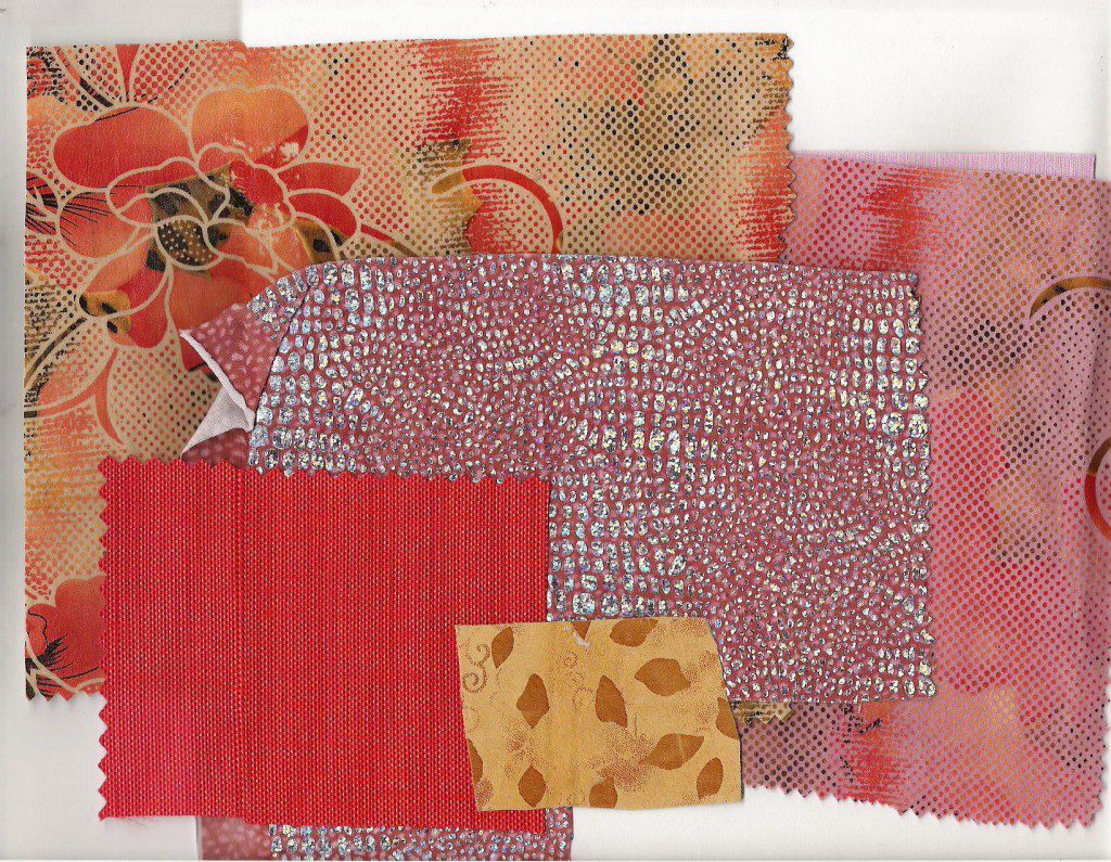 Fabric and Inspiration Creative Process for Fashion Sketching. A fabric board including swatches of lycra, printed, and embossed leathers around a theme of orange and pink . By Laura Volpintesta