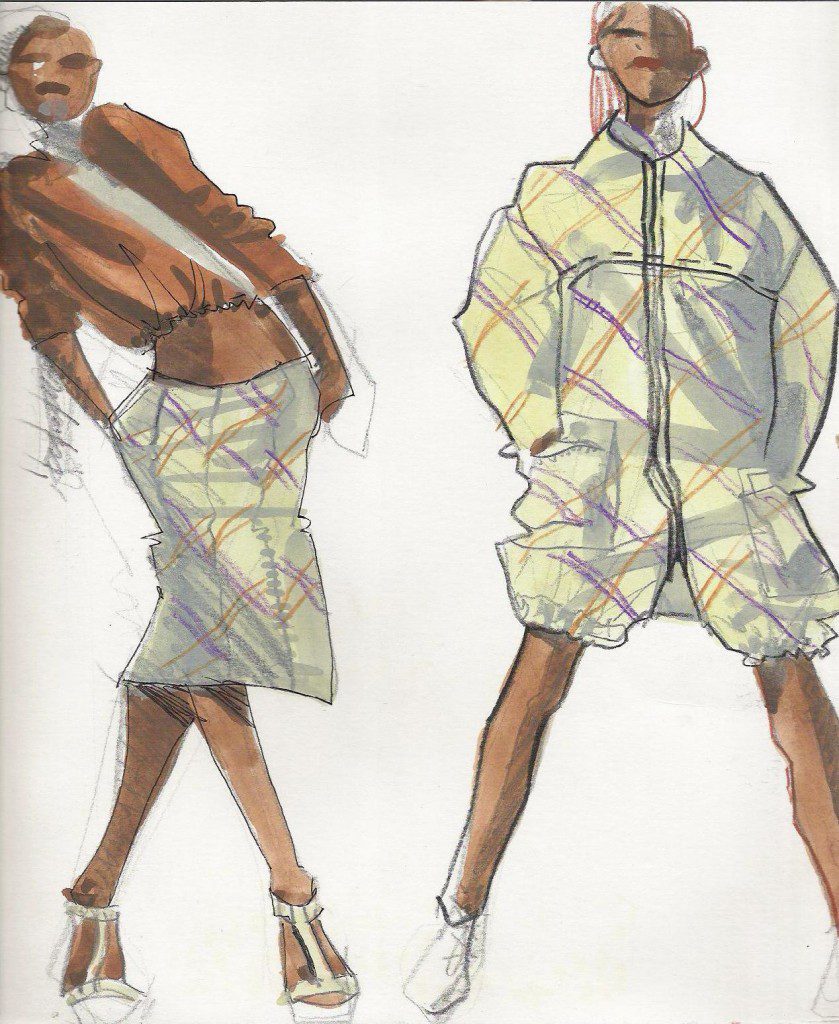 fabric swatches with gouache fashion sketches by laura volpintesta, Fashion illustration tribe.