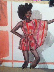 gouache fashion illustration african ikat fabric, illustrated by Laura Volpinetsta