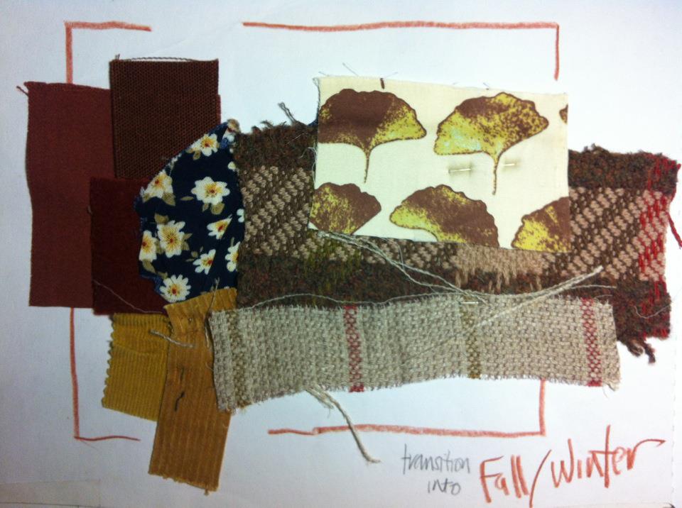 Childrenswear fashion illustration- Laura Volpintesta 1995 Swatches for a Girl's group of fashion design for children swear with Kinko Leaves