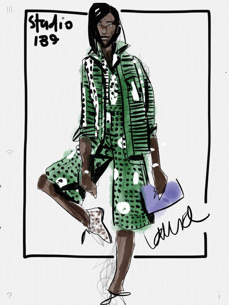 Digital Fashion Sketching with Tayasui Sketches "AGGIE" print batik ensemble, by Studio189, studiooneeightynine, Ghana made, illustrated by Laura Volpintesta, fashionillustrationTRIBE, fashion illustration, fashion school, African fashion
