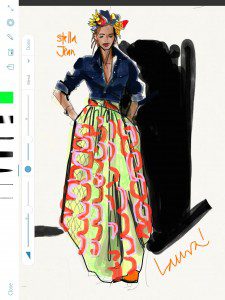 Fashion illustration with Adobe apps on ipad, by Laura Volpintesta.  Ensemble by Stella Jean