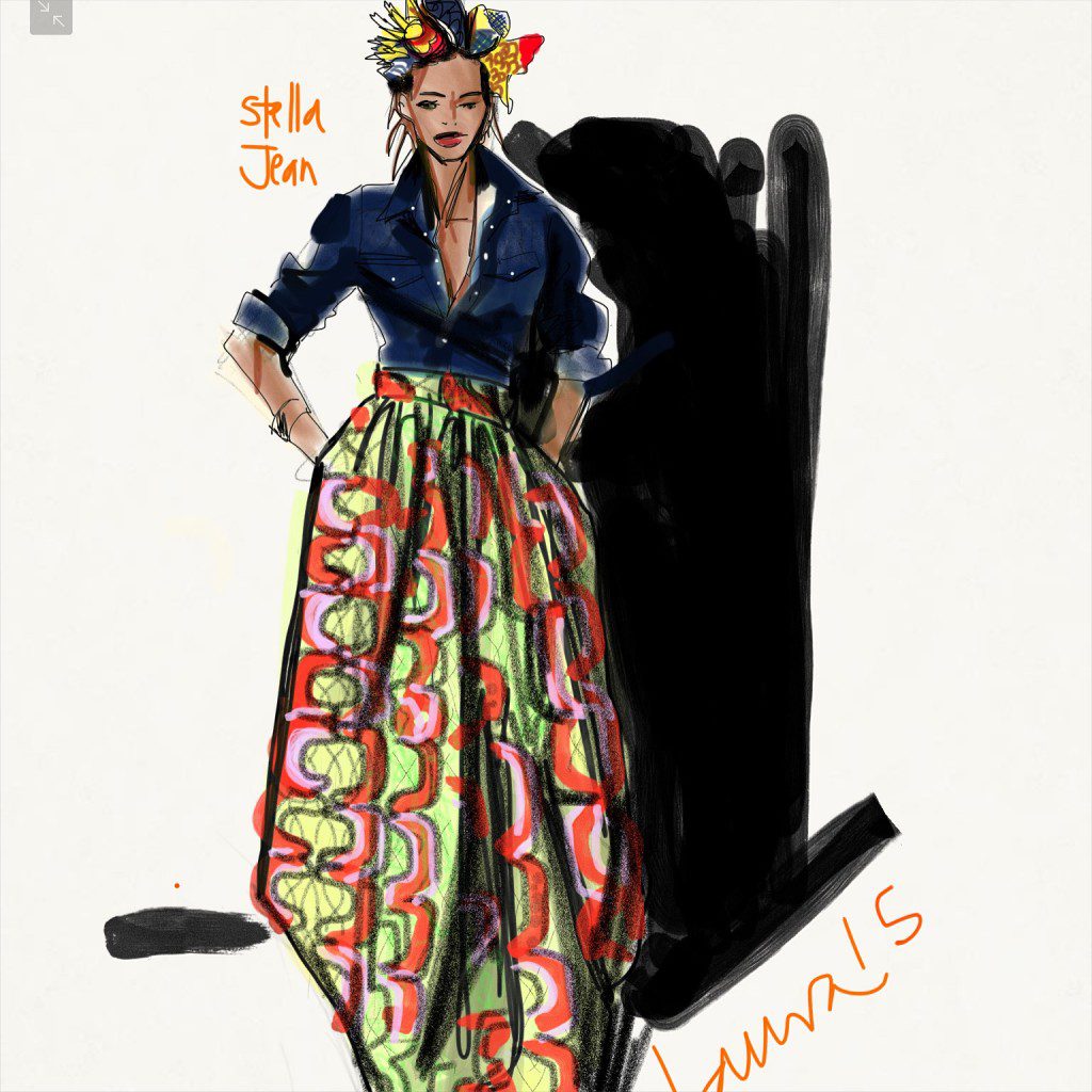 Stella Jean ensemble with African Print skirt and denim shirt, illustrated by laura Volpintesta