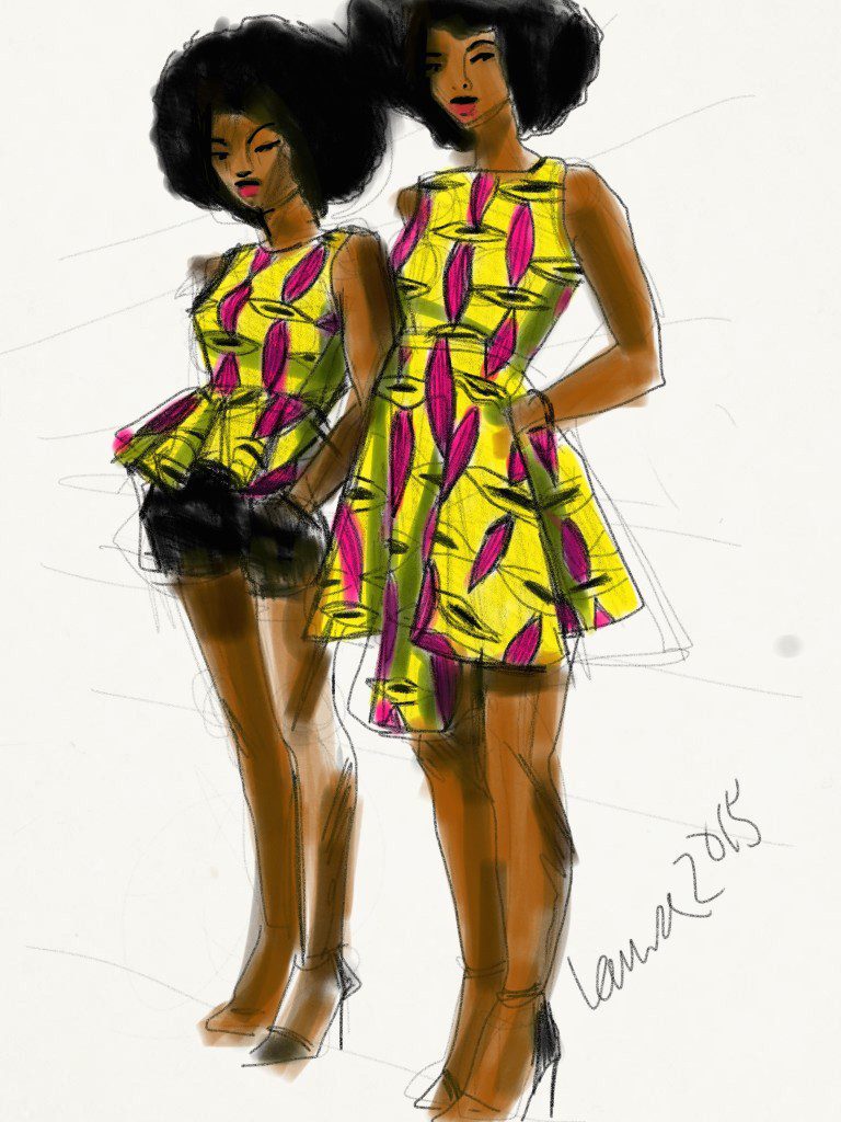Laura Volpintesta's African Print fashion illustration of dresses by Natacha Baco