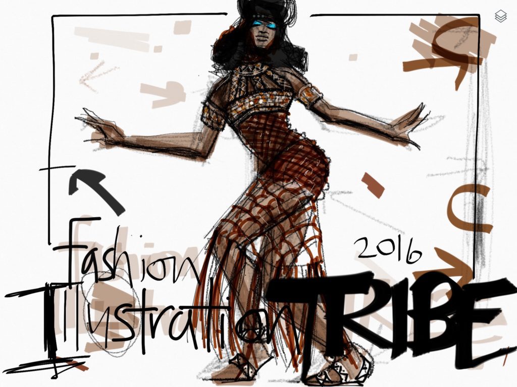 crochet dress, naomi campbell, vogue brasil, tayasui sketches app, ipad, layout, border, frame