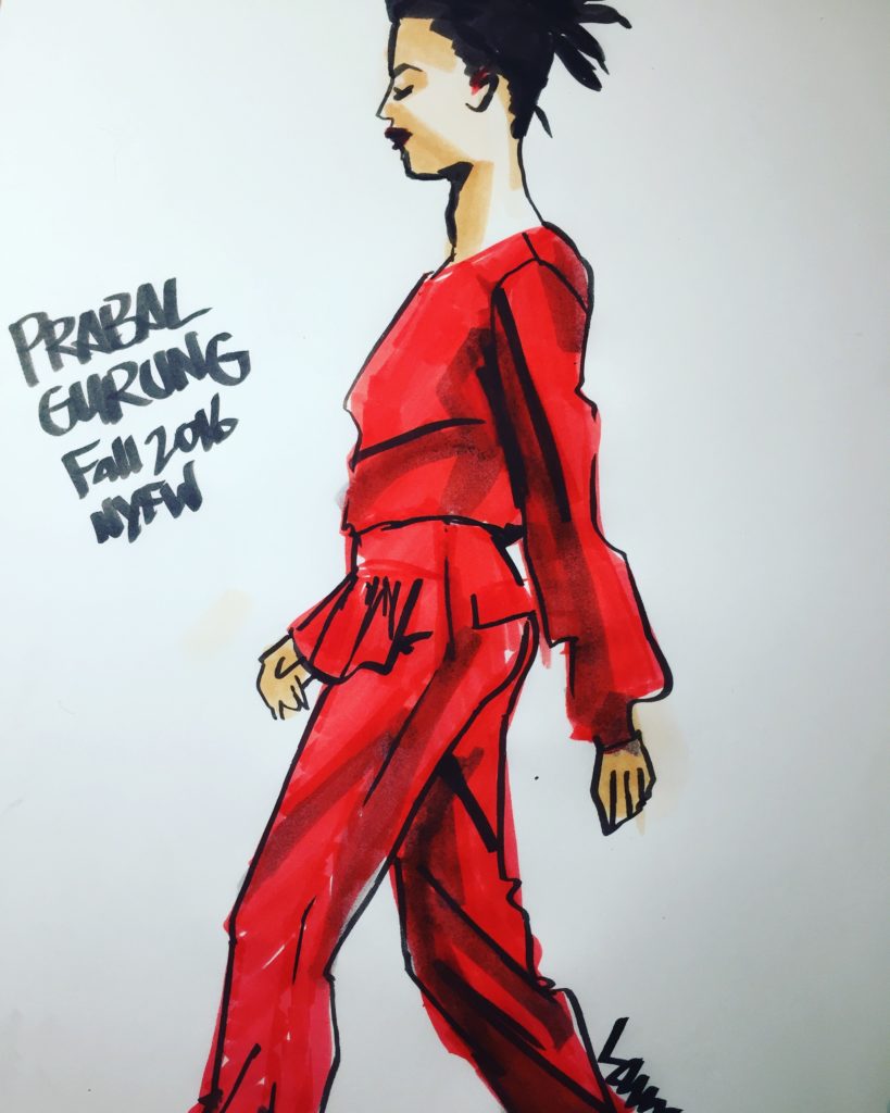 marker sketching- jfashion illustrator Laura Volpintesta, Fashion sketch of a runway look by Prabal Gurung