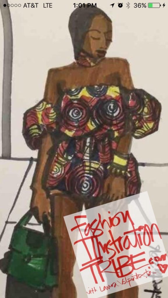 Fashion Illustration by Laura Volpintesta, African Print Fashion, model is singer Mo Cheddah