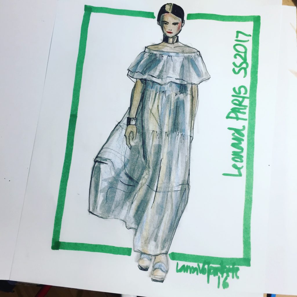 Fabric Form and Flow digital course image: Sheer, shiny organza dress fashion illustration using makers technique.