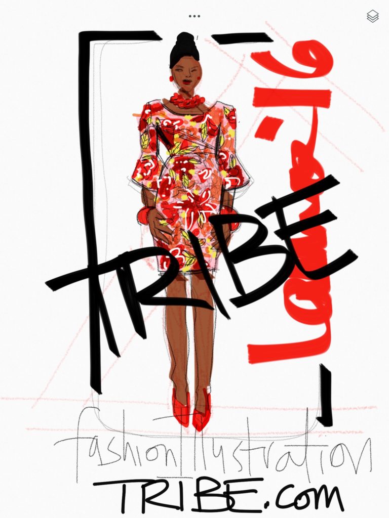 eveningwear fashion design illustration course, digital fashion illustration of Vlisco wax rpint dress by Laura Volpintesta