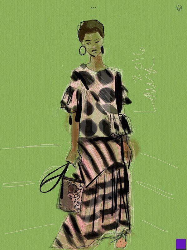 eveningwear fashion design illustration course, Tayasui Sketches app fashion illustration of Stella Mccartney polka dot and stripe ensemble by Laura Volpintesta