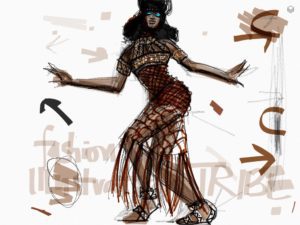 Tayasui Sketches App Fashion Illustration of Naomi Campbell on Vogue Brasil by Laura Volpintesta, fashion illustrator