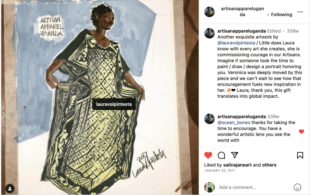 fashion sketch by Laura Volpintesta of African Fashion CAftan design by ARtisan Apparel Uganda in gouache