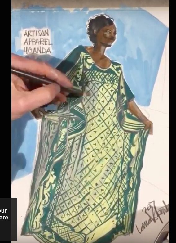 Artisan Apparel Uganda, caftan fashion illustration in African Print in Gouache by Laura Volpintesta