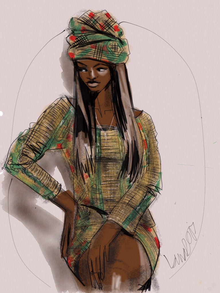 digital fashion illustration with Tayasui Sketches app. African print illustration by laura Volpintesta