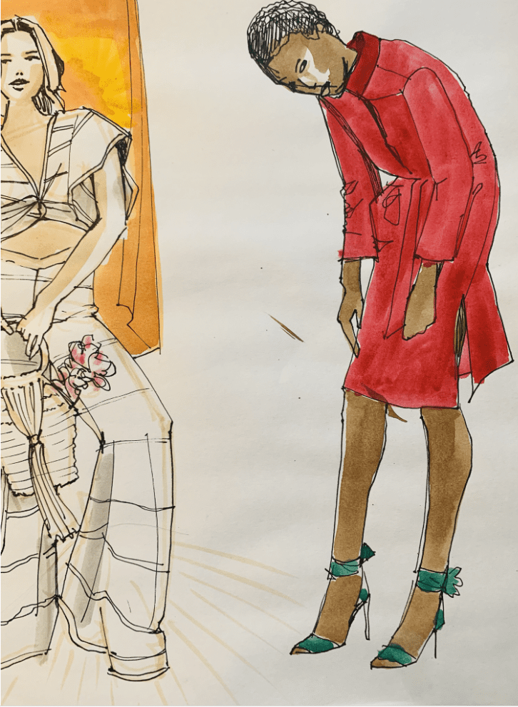 Fashion Model Drawing, Laura Volpintesta, gouache and pen, Model Drawing Magic online course