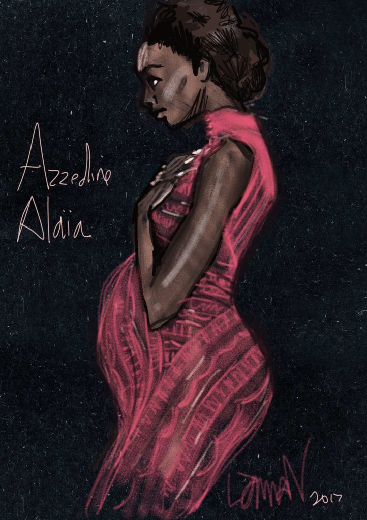 ipad fashion illustration of lace Azzedine Alaia gown on pregnant model Beverly Peele using RePaper app on ipad pro