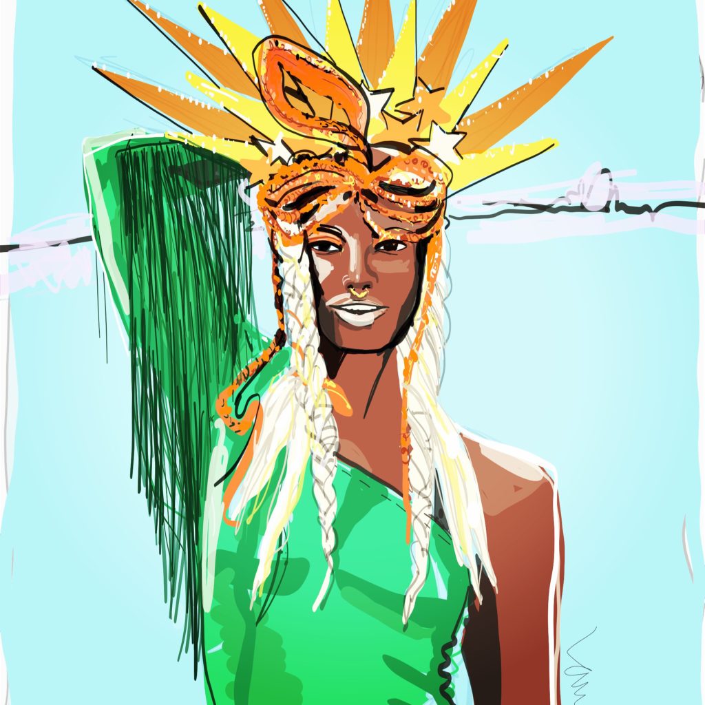 Fashion Illustration of Carnaval 2018 Rio on Adobe Illustrator Draw app by Laura Volpintesta. Drawing Braids and fringe in fashion illustration