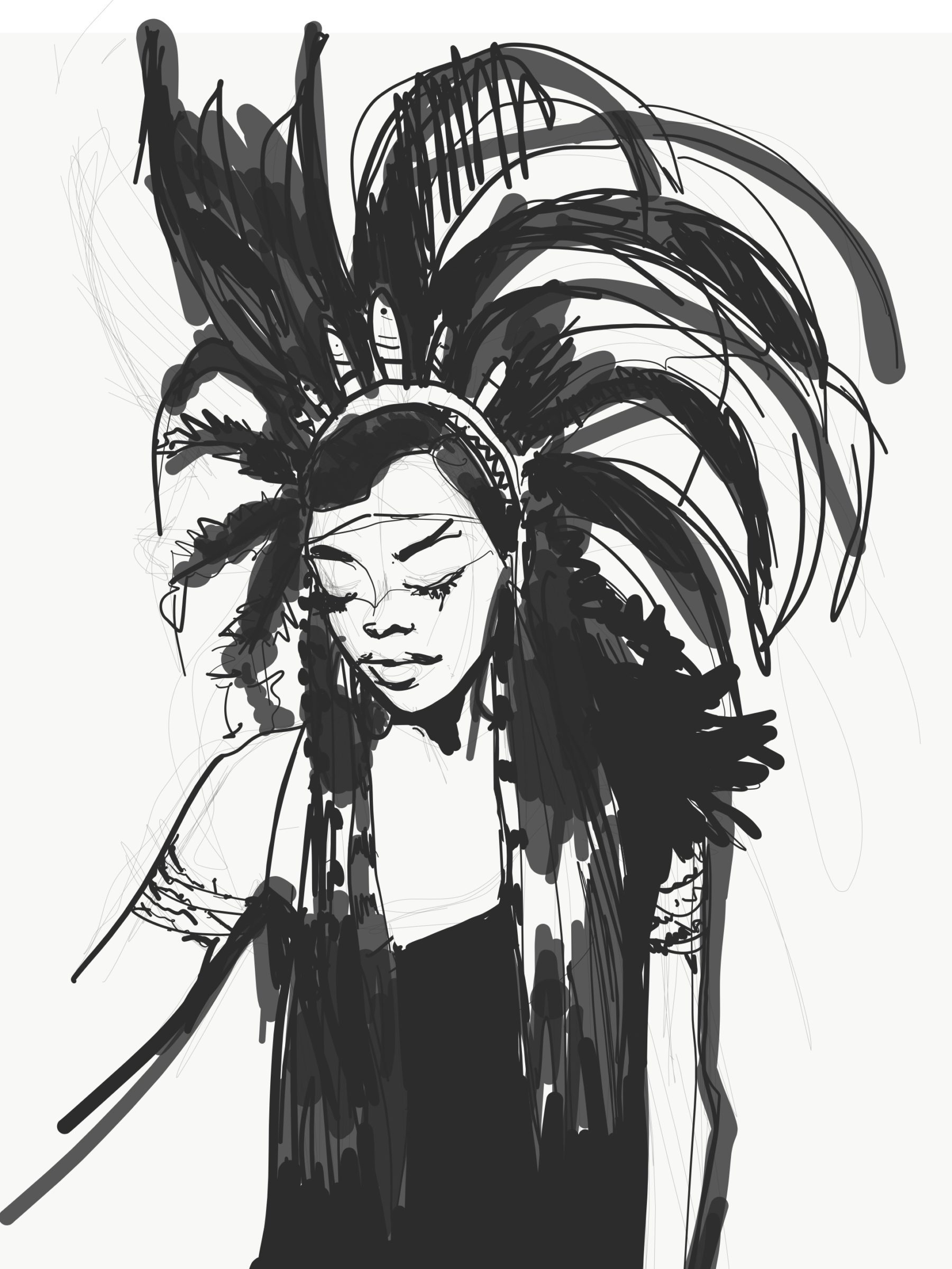 
fashion illustration carnaval headdress feathers, adobe fresco, adobe draw, vector freehand fashion sketching, costume 