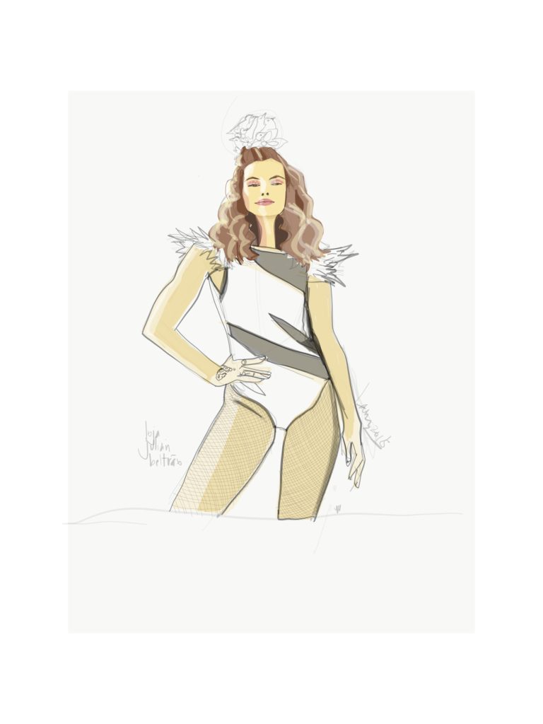 digital fashion illustration: carnaval costume with sheer inserts, asymmetrical detailing and feathers. Adobe Fresco app