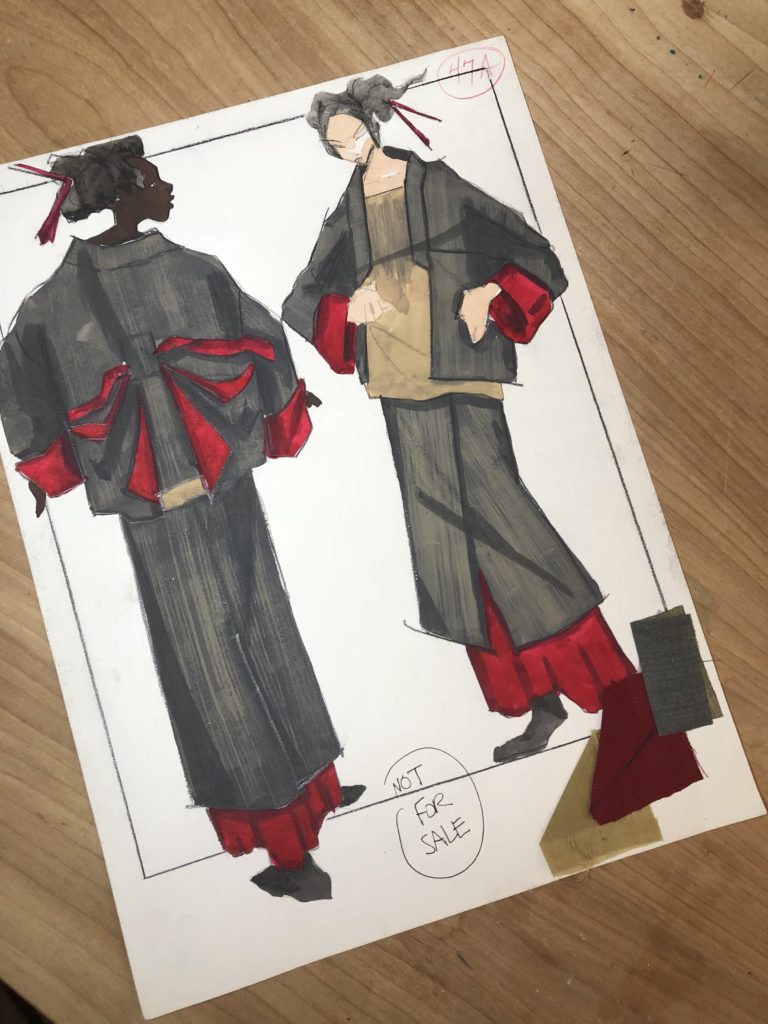 gouache and pencil fashion illustration, original designs by Laura volpintesta, pair, front and back, kimono jackets.