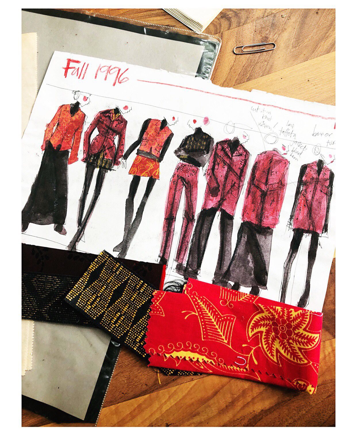 Fabric swatches and fashion croquis in gouache and pencil, by Laura Volpintestaq