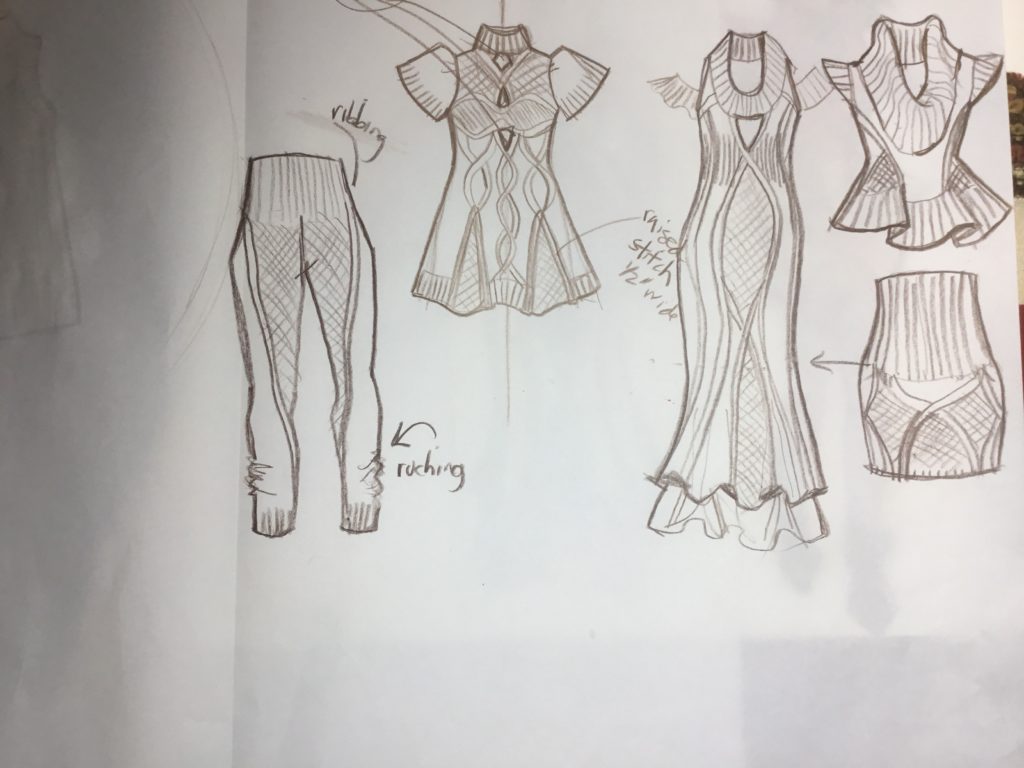 knits flats colored pencil flat sketches line sheet croquis cables ribbing texture Laura Volpintesta