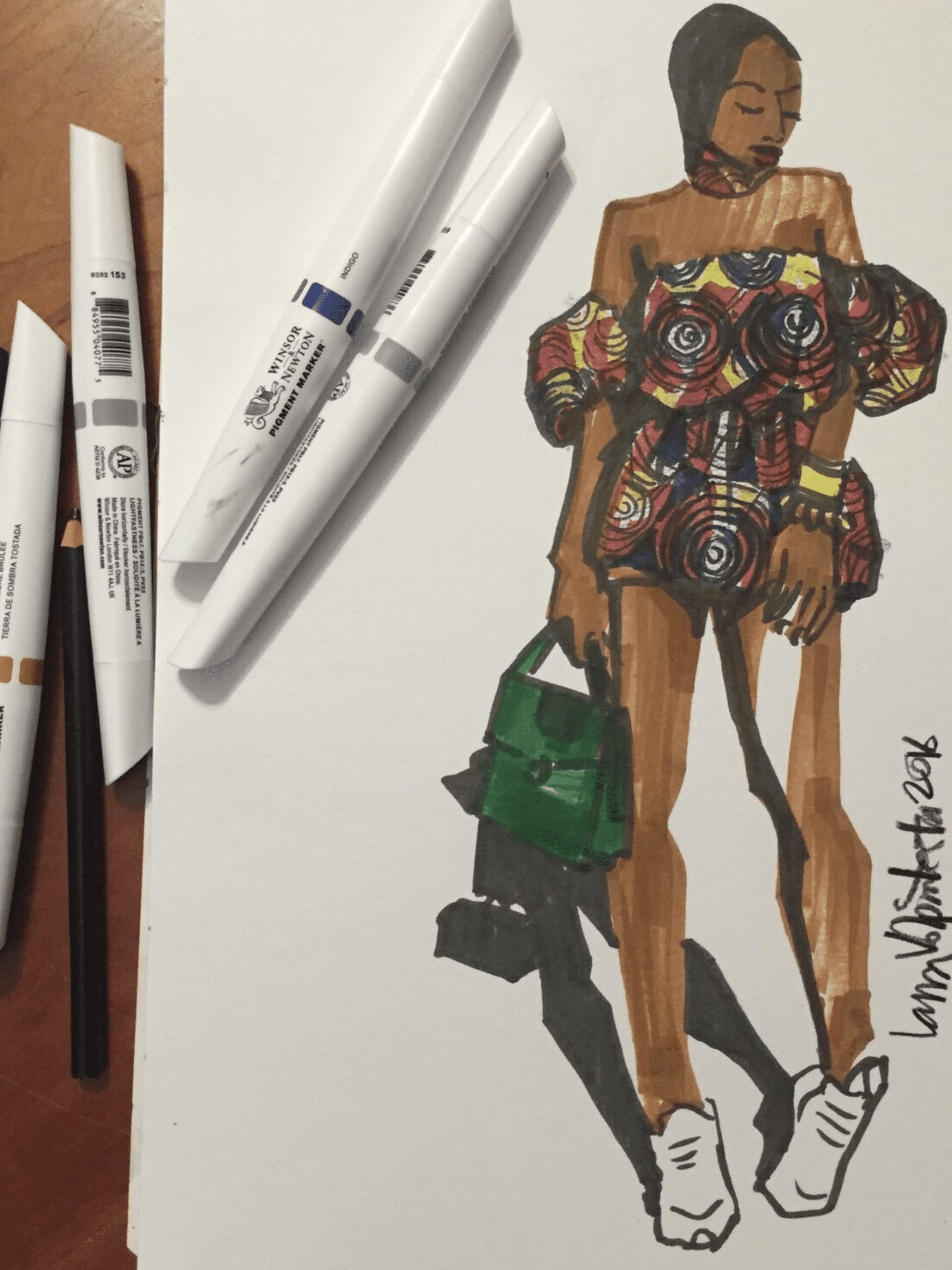 Several kinds of art markers created this african print fashion illustration on Bristol Vellum