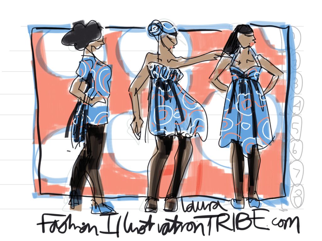 lineup, layout, croquis, background, print, dresses, freehand, proportional, tayasui sketches, collection, marker, gel pen, jelly