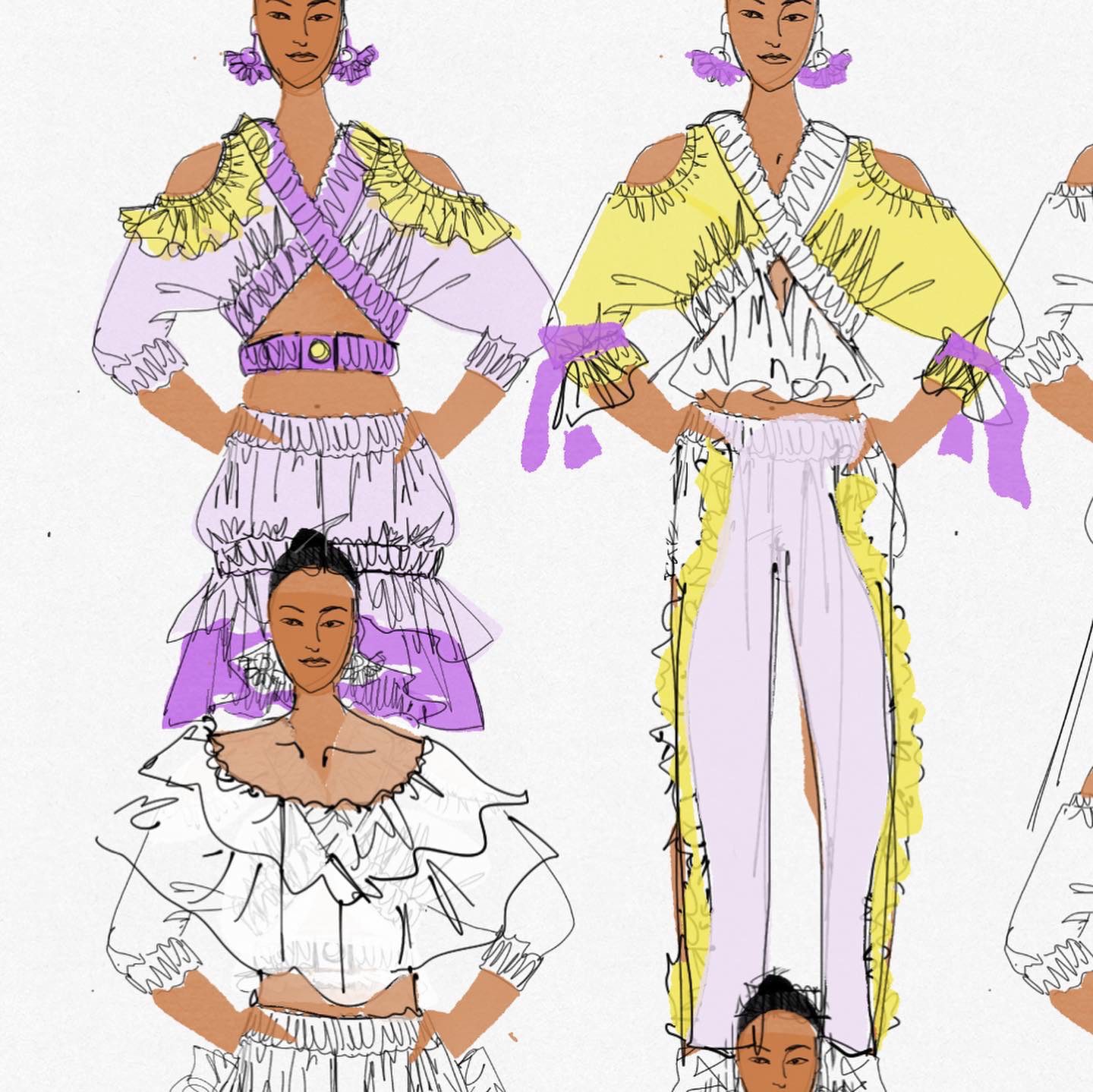 digital fashion croquis book Laura Volpintesta. These digital fashion sketchbook design croquis use digital ink pen and "gouache" effects to color block and clarify elastic inserts, gathers and ruffles in the illustrations. Laura Volpintesta