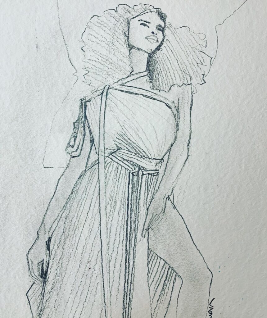 asymmetrial neckline, pencil, fashion illustration by Laura Volpintesta