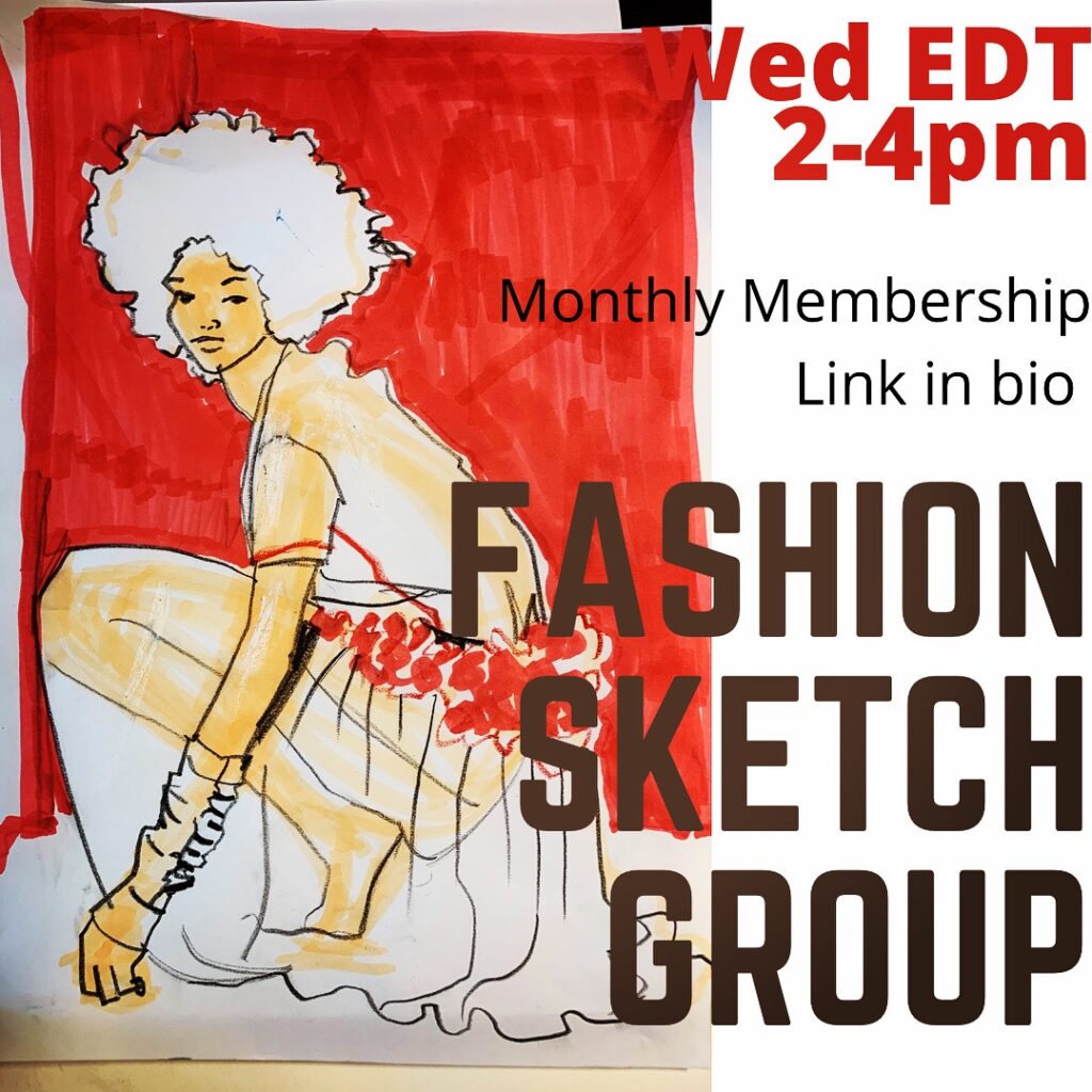 Fashion sketch group- fashion model drawing weekly with Laura Volpintesta on zoom- here Marker and Pencil and Marker Fashion Illustration Tools