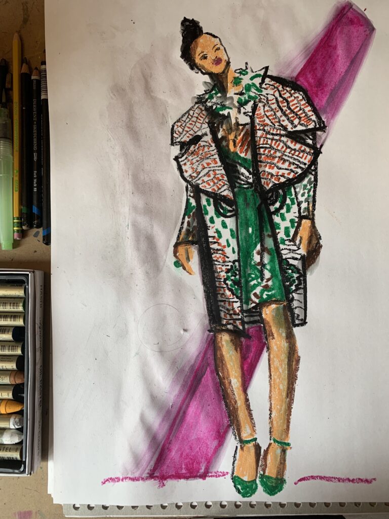 Water soluble oil pastels, fashion illustration by Laura Volpintesta from live sketch session