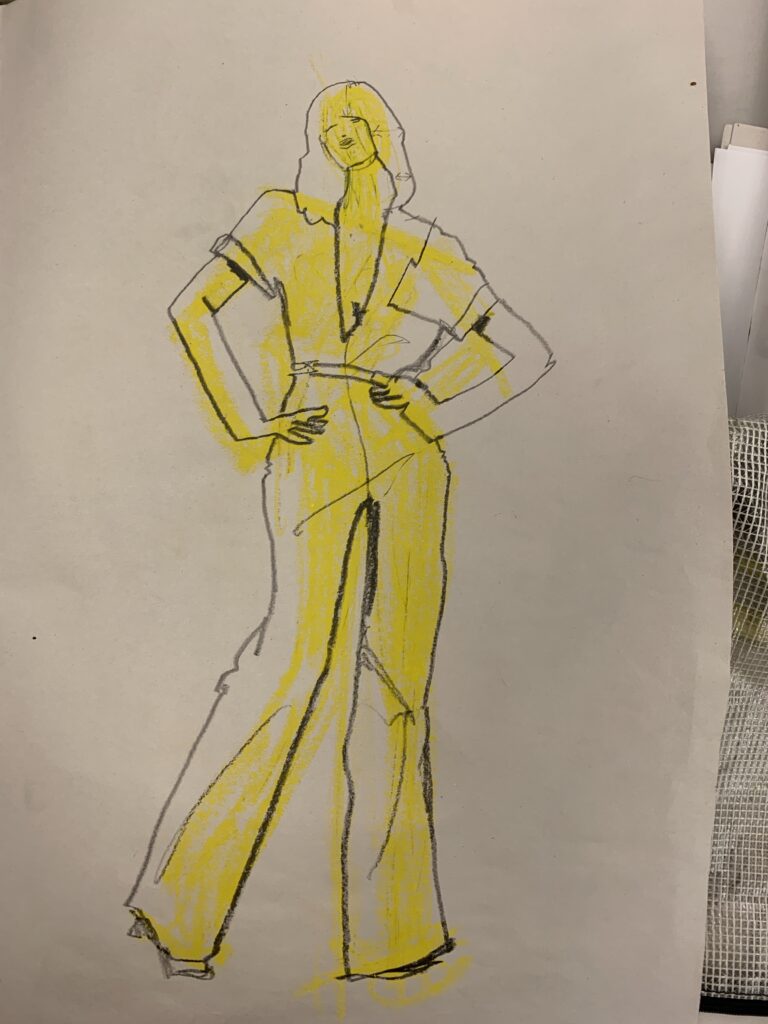 oversketch/ undersketch, contours, line quality, pencil, graphite, black, pants, cuffs, vneck, attitude, shapes, gesture, silhouette, fashion illustration, sketch, study Laura