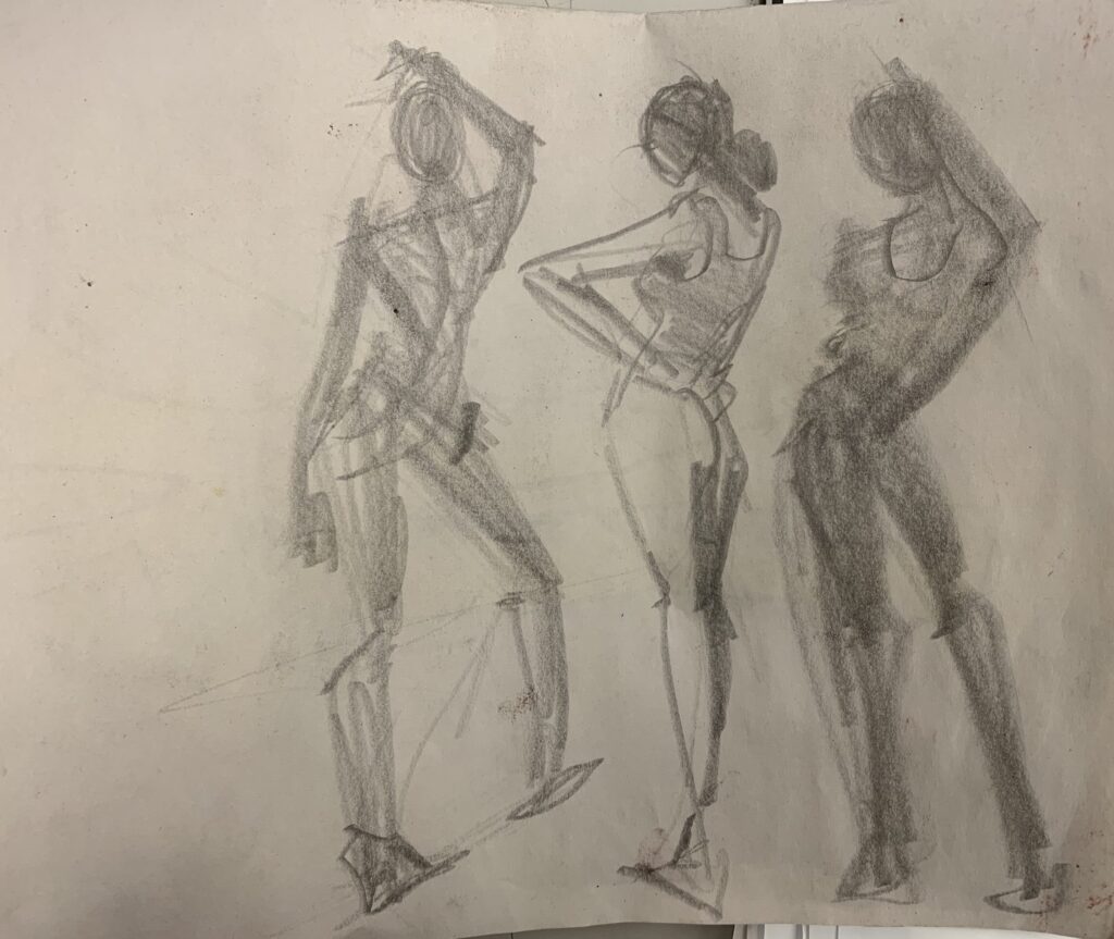 warmup gestures drawing front and back, graphite soft, line, shape, energy, proportion, figure studies, fashion drawing, layout, lineup. Laura Volpintesta