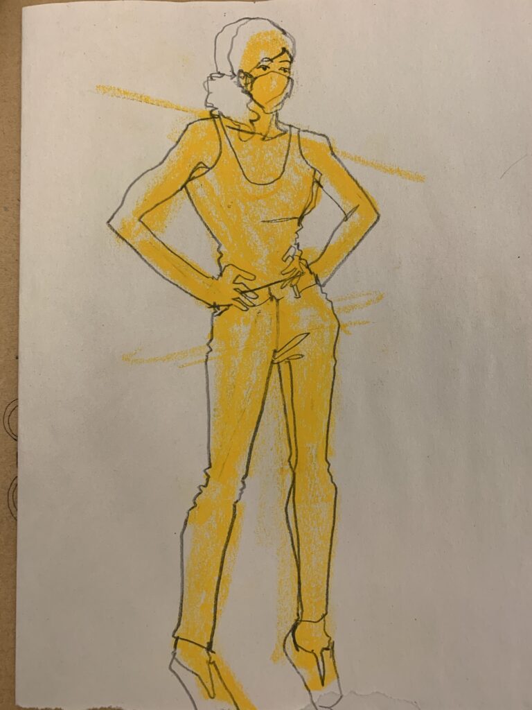 oversketch, undersketch, model, facemask, oil pastel, contours, fingers, shapes, curls, contours, wrinkles, skinny pants, jeans, figure drawing, model, angles, Parsons teaching