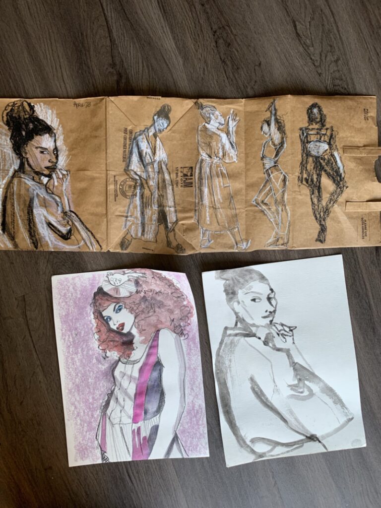 Brown Paper bag fashion sketching