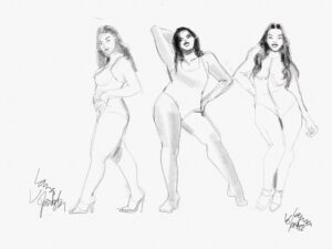 Plus size model sketching croquis posed by Laura Volpintesta