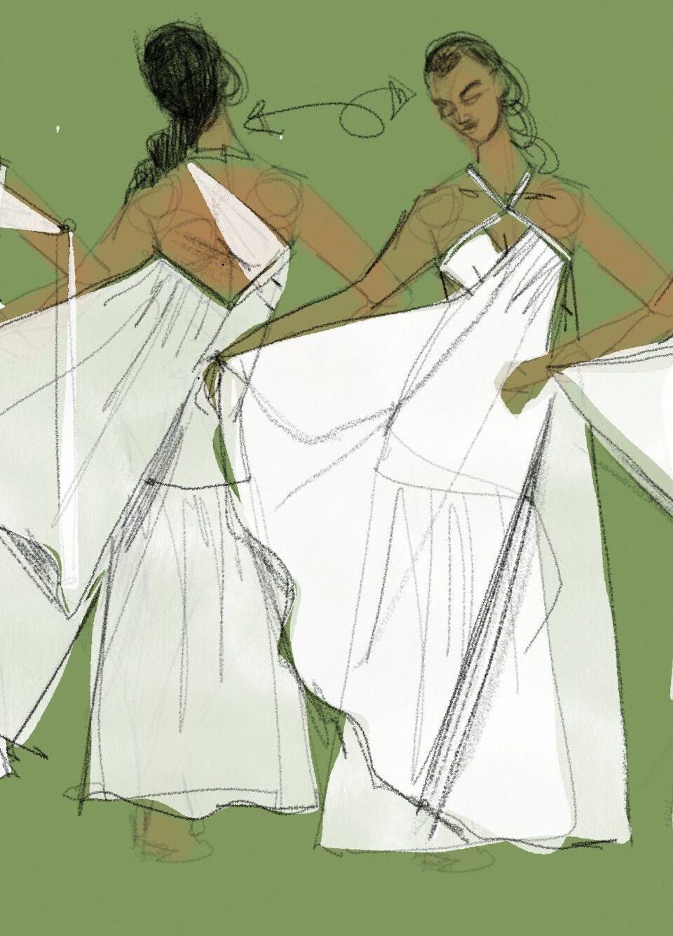 front and back dress design fasguib sketches, details from White Dress Collection, original dress designs, croquis sketches, pencil, gouache, tinted paper, Tayasui aoo Laura Volpintesta