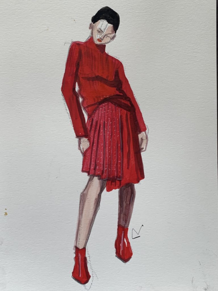 Rib knit sweater and pleated skirt in gouache and pencil.
Fashion Illustration and Art Supplies Laura Volpintesta