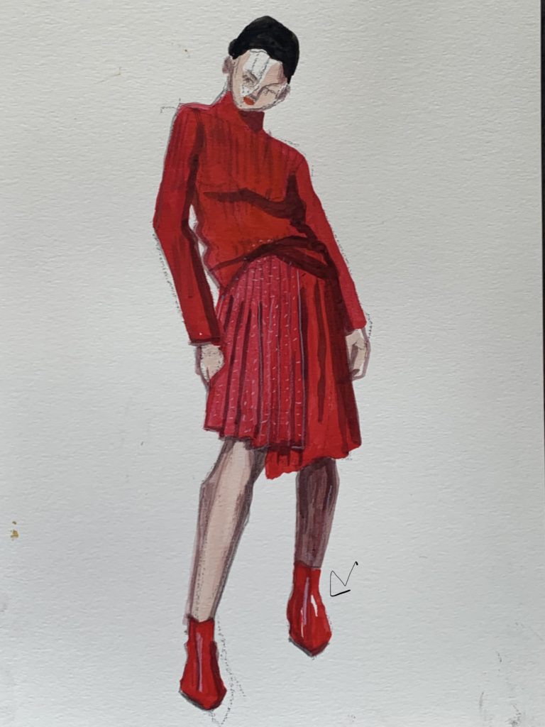 Rib knit sweater and pleated skirt in gouache and pencil. 
Fashion Illustration and Art Supplies Laura Volpintesta