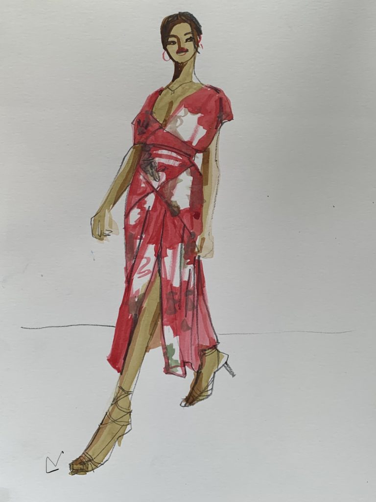 Gouache fashion sketching floral dress 
Fashion Illustration and Art Supplies Laura Volpintesta