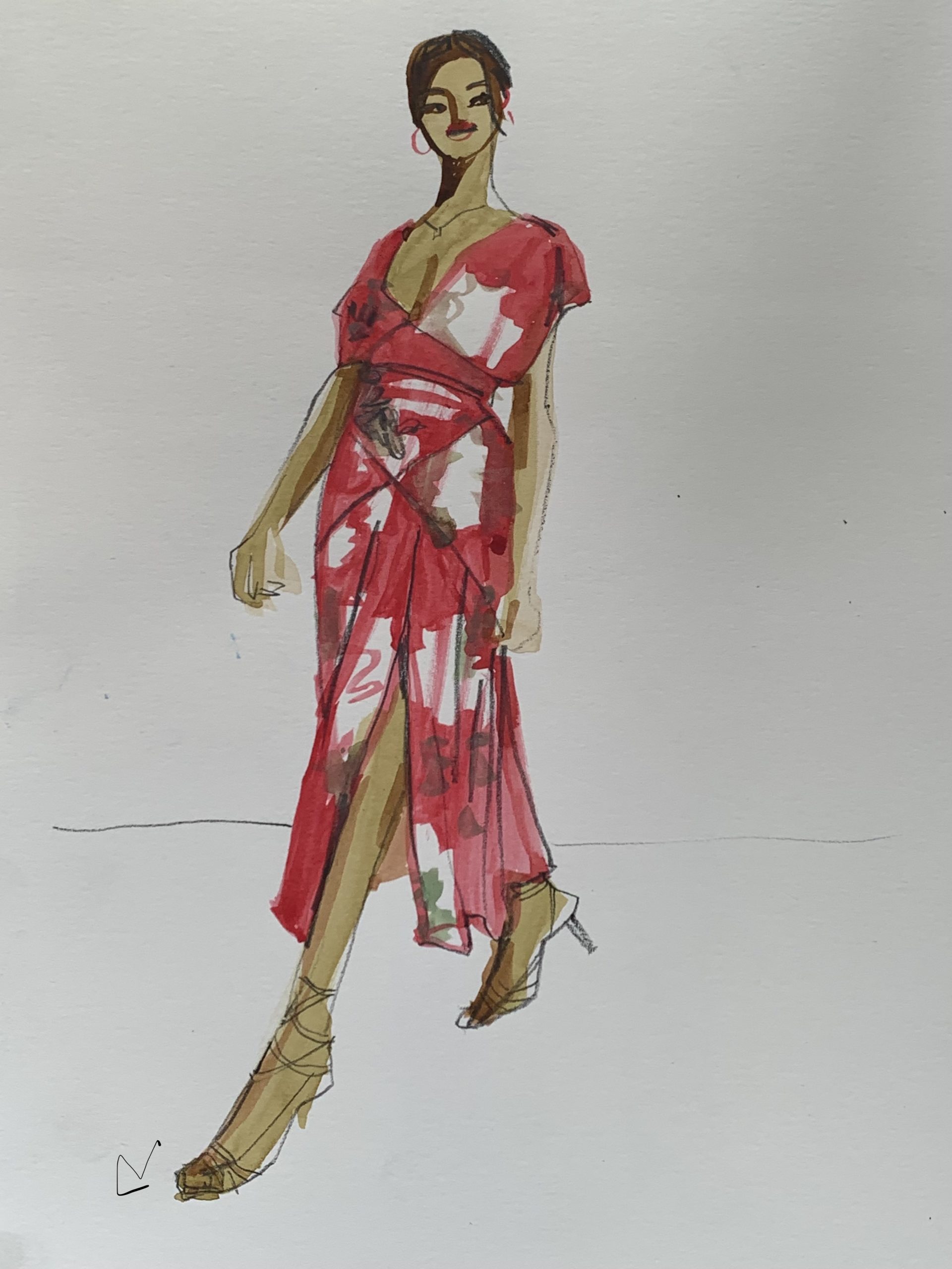 Gouache fashion sketching floral dress from fashion sketching zoom group Fashion Illustration and Art Supplies Laura Volpintesta