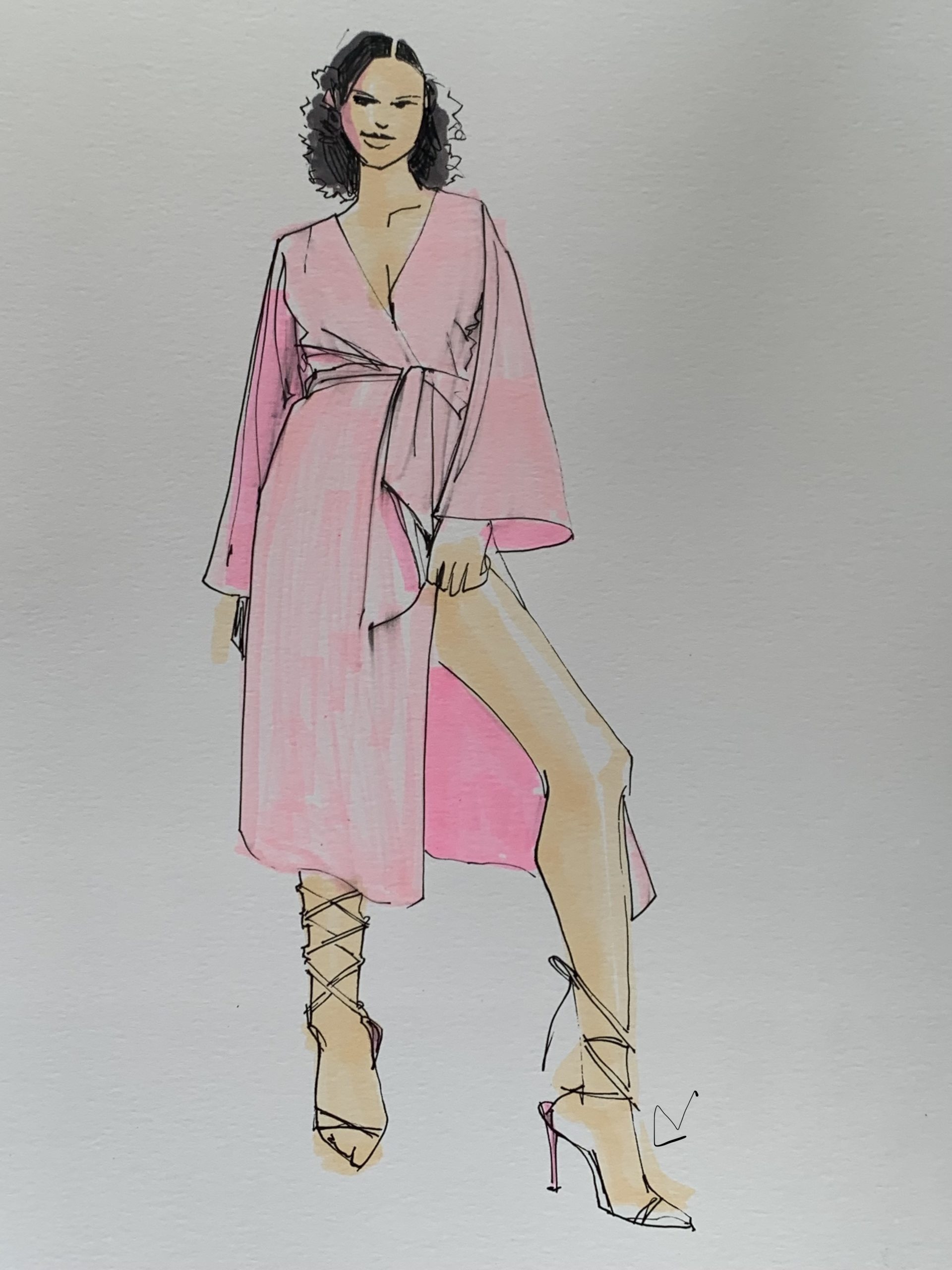 Design markers and ink pens for fashion sketching on marker paper with fine line pen details. Demonstrating Fashion Illustration and Art Supplies Laura Volpintesta