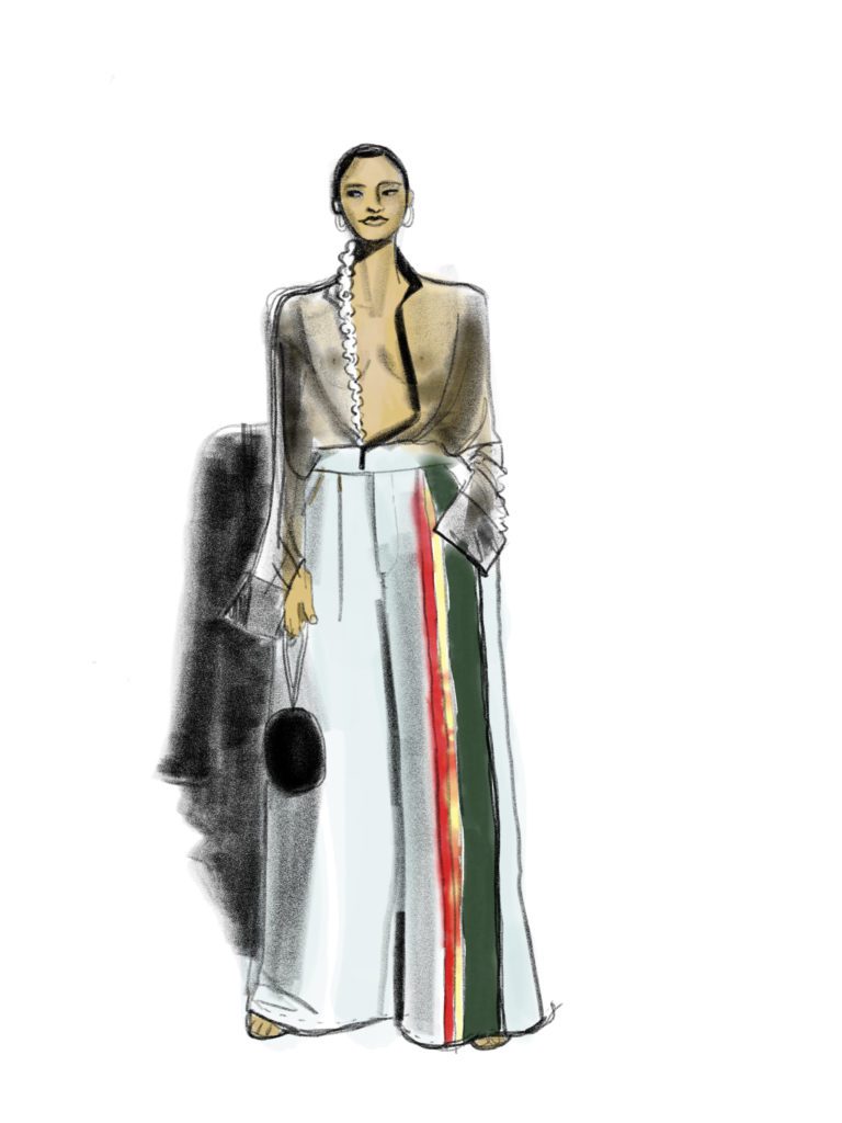 pants , trousers, Digital Fashion Illustration, ipad art, sheer blouse, asymmetrical wide leg pant with color block detail, strips, trims, purse, cuffs, purse, bag, sheer, shading, elegance