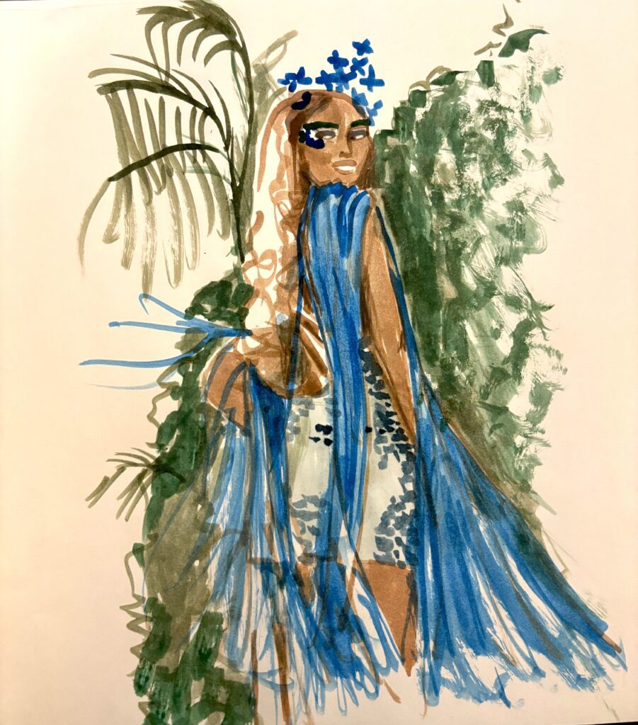 gouache fashion lllustration by laura volpintesta with background, fringe, sequins and tiara by Laura Volpintesta